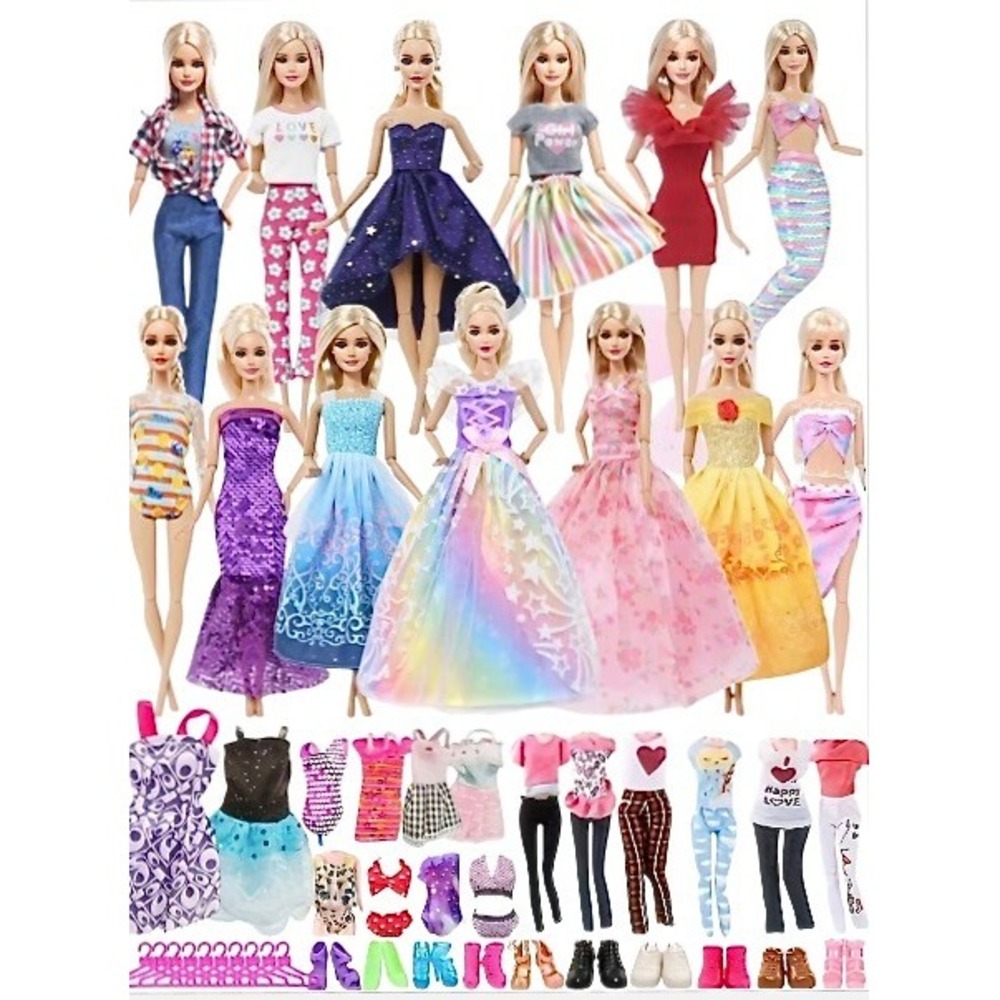 42 Piece Set Fashion Doll Clothing Barbie Style Outfits Accessories Dress Up Lot